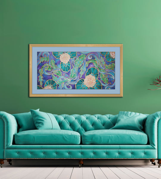 Pond Original Silk Painting with Fish and Lily Pads - blue turquoises  green Original Art