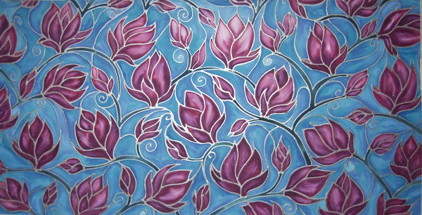 Folksy Boho Magnolia Flowers Pink & Sky Painting - hand painted silk Magnolias - Magnolias Original Art