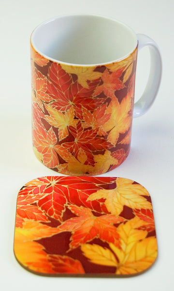 Autumnal Oak Leaves and Acorns Mug - Mug and Coaster Box Set - Red Mug Set - Leaves Mug Gift