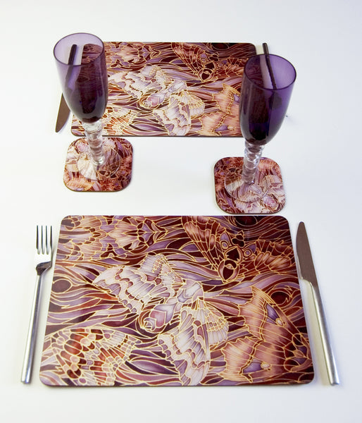 Moths Placemats & Coasters - Chocolate Lilac Grey Table Mats - glass chopping boards