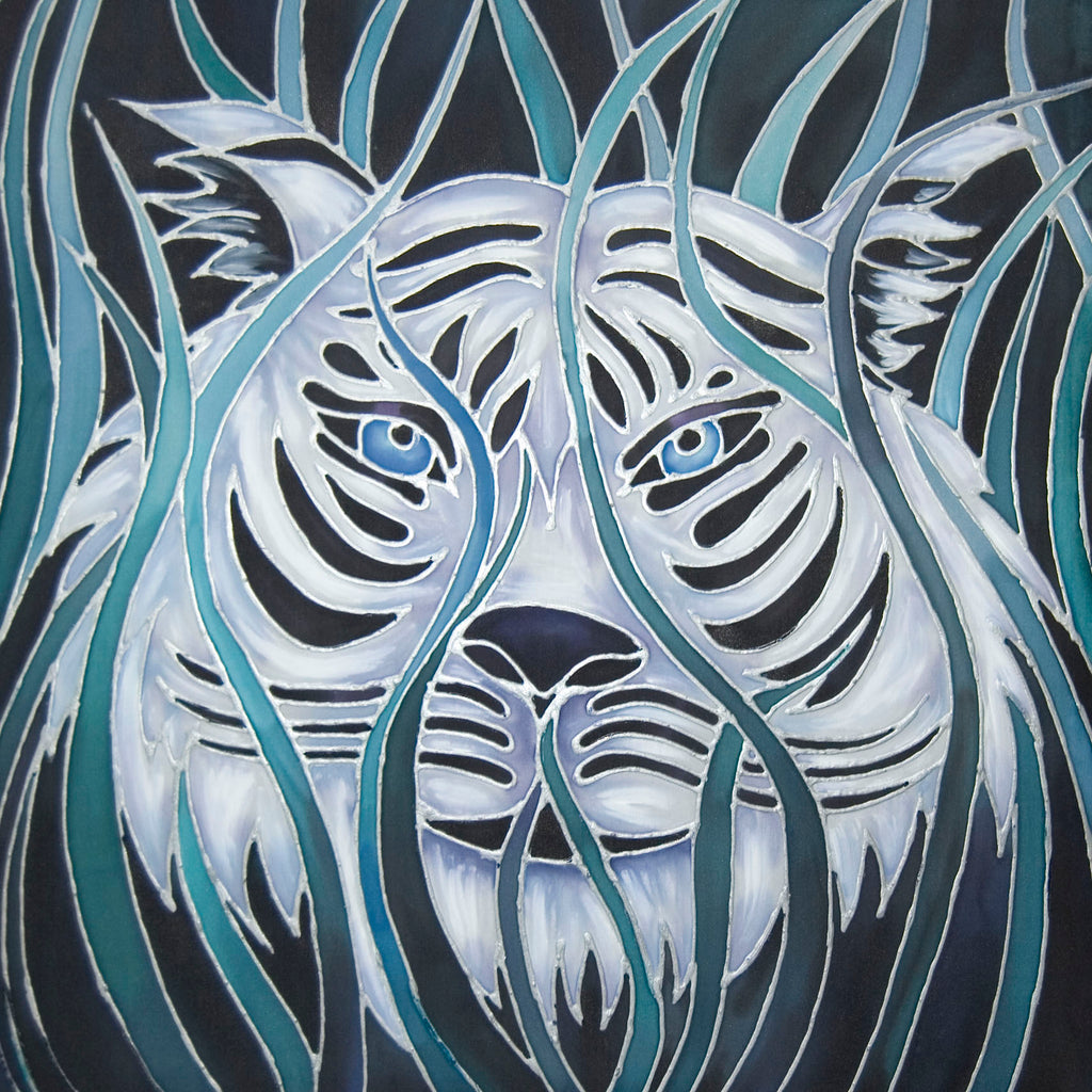 White Tiger Art - Silk painting of White Tiger - Tiger Painting